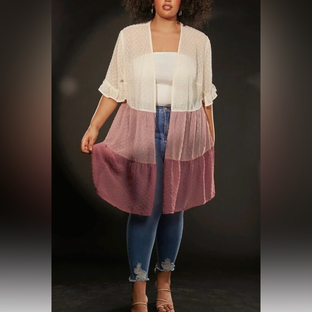 Emery Rose Sheer Pink and Cream Open Cardigan Textured Short Sleeves 2X
